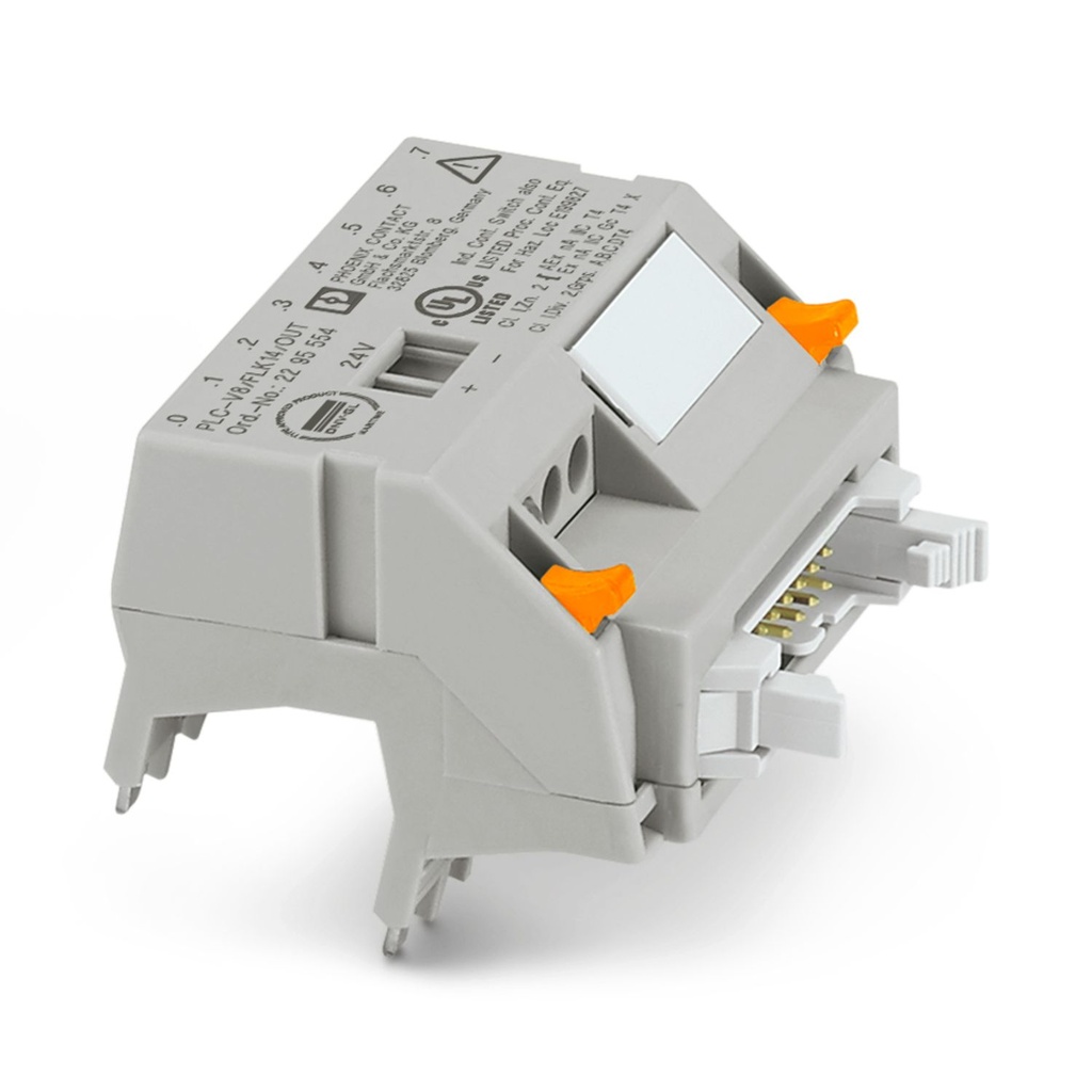 ADAPTADOR V8 PARA 8 X PLC-INTERFACE (6,2 MM); MANDO: SISTEMA DE CABLEADO PLC DE TARJETAS DE SALIDA; CONEXIÓN 1: CONEXIÓN ENCHUFABLE (ENCAJABLE EN 8X BORNES PLC-INTERFACE); CONEXIÓN 2: 1X CONECTOR MACHO IDC/FLK (14-POLOS); NÚMERO DE CANALES: 8; LÓGICA DE M