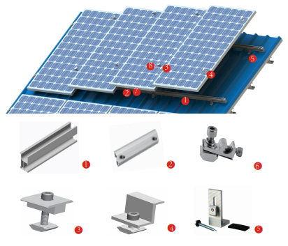 Conjunto estructura aluminio solar para 4 paneles techo chapa inclinado (arreglo de 1 final con 4 columnas )