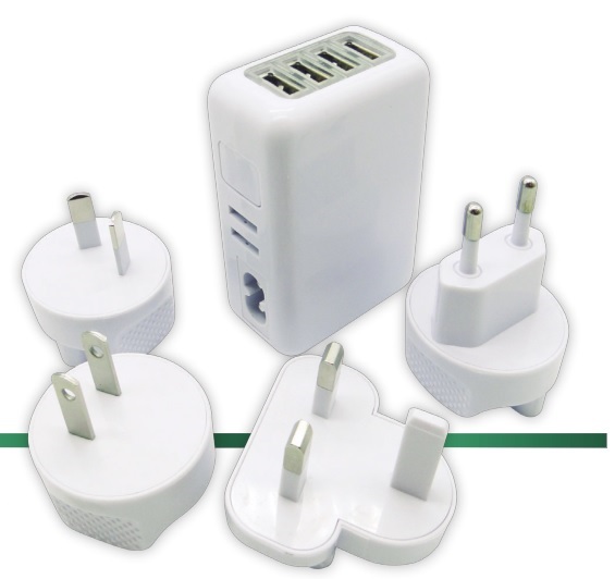 (H.A.S.) CARGADOR UNIVERSAL ADAPTADOR VIAJERO USB C/FICHAS INTERCAMBIABLES 4 PUERTOS USB POTENCIA MAX 2000W ENTRADA: 110/220V 50/60HZ 300mA (4 PUERTOS USB SALIDA 5V 2.1A)