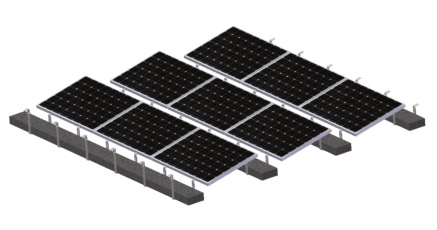 SISTEMA DE MONTAJE PARA TECHO PLANO PARA CONTRAPESO (HORMIGON SOLAR NO INCLUIDO, SI INCLUYE: BASE DE AGARRE, PIE DELANTERO Y TRASERO Y AGARRE FIN PARA PANELES SOLARES DE  1990×992×35mm ) --> VAN 4 POR PANEL SOLAR HORIZONTAL Y SE COMPARTEN CON FILA ANTERIOR O SIGUIENTE