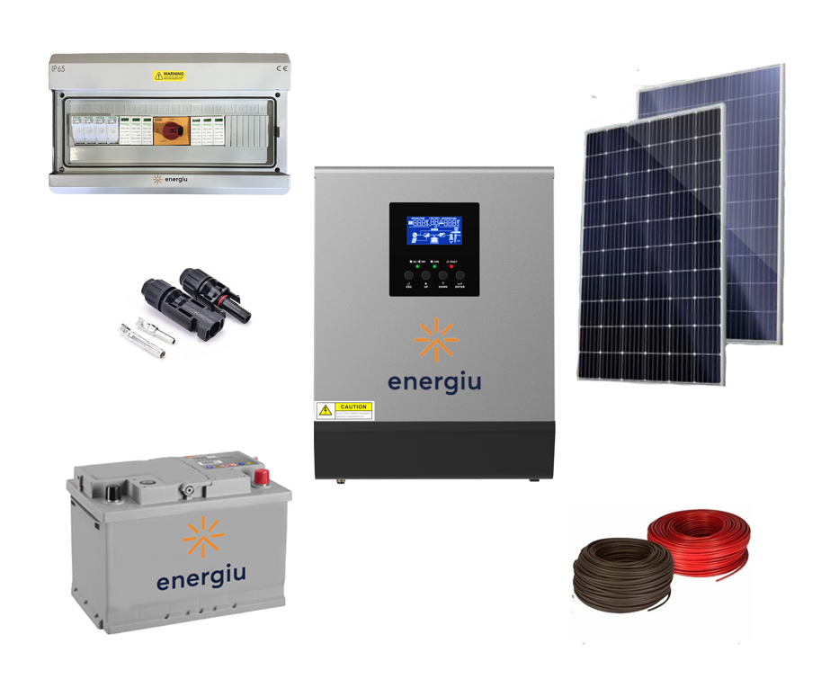 Combo/kit solar off-grid PIP 1.0kw con regulador de carga PWM 50A, 2 paneles poli 160W, protecciones, accesorios  (con bateria 100Ah) (apto Motorhome)