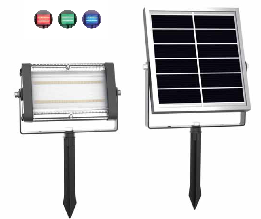 PROYECTOR LED RGB SOLAR 40LED CON SENSOR DE LUZ, DIMERIZACION AUTOMATICA  IP65 - Li-ion Battery - CUERPO EN ALUMINIO Y PLASTICO