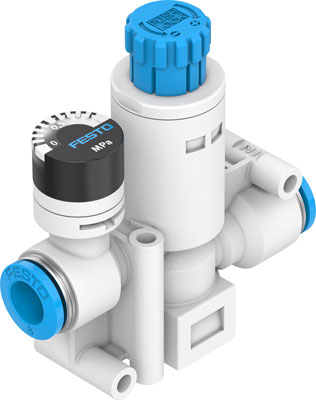 REGULADOR PRESION VRPA-CM-Q6-E / EN LINEA / BOTON GIRATORIO C/ ENCLAV. / REGU. 0,1 - 0,8 MPa / CONEX. NEU. RACOR 6MM / CAUDAL NOM 90 L/MIN / C/ MANOMETRO 