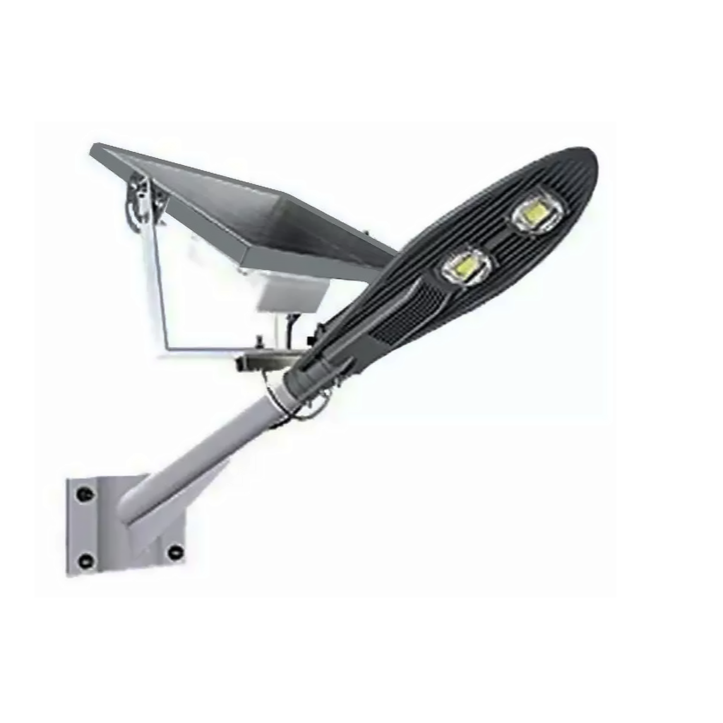 LUZ SOLAR ALUMBRADO PUBLICO INALAMBRICA 150W LED RECARGABLE C/BATERIA DE LITIO INCORPORADA, APTO INTEMPERIE IP65, ENCENDIDO AUTOMATICO DE NOCHE DESDE LA BATERIA O RED ELECTRICA - APAGADO DE DIA, RECARGA POR PANEL SOLAR Y 220V   ECO DUAL