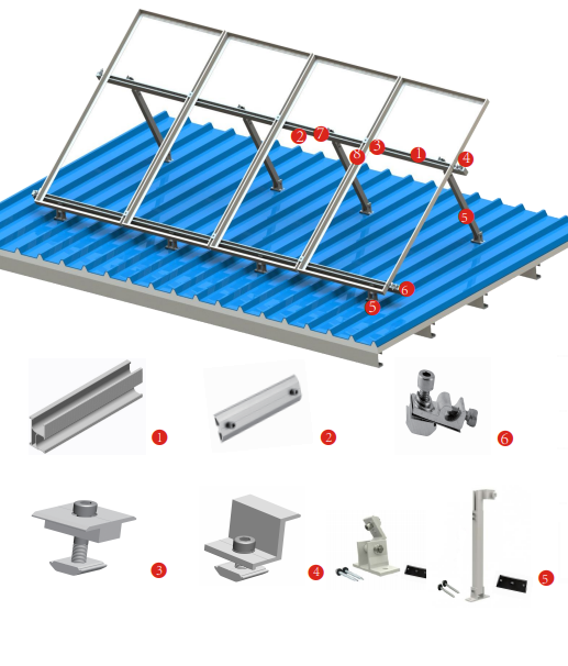 Conjunto estructura triangular aluminio solar para 4 paneles techo plano (arreglo de 1 final con 4 columnas) ajustable 15 a 30 grados